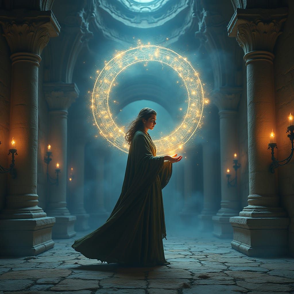 Fantasy Wizard Summons Glowing Geometrical Figures in Ancien...
