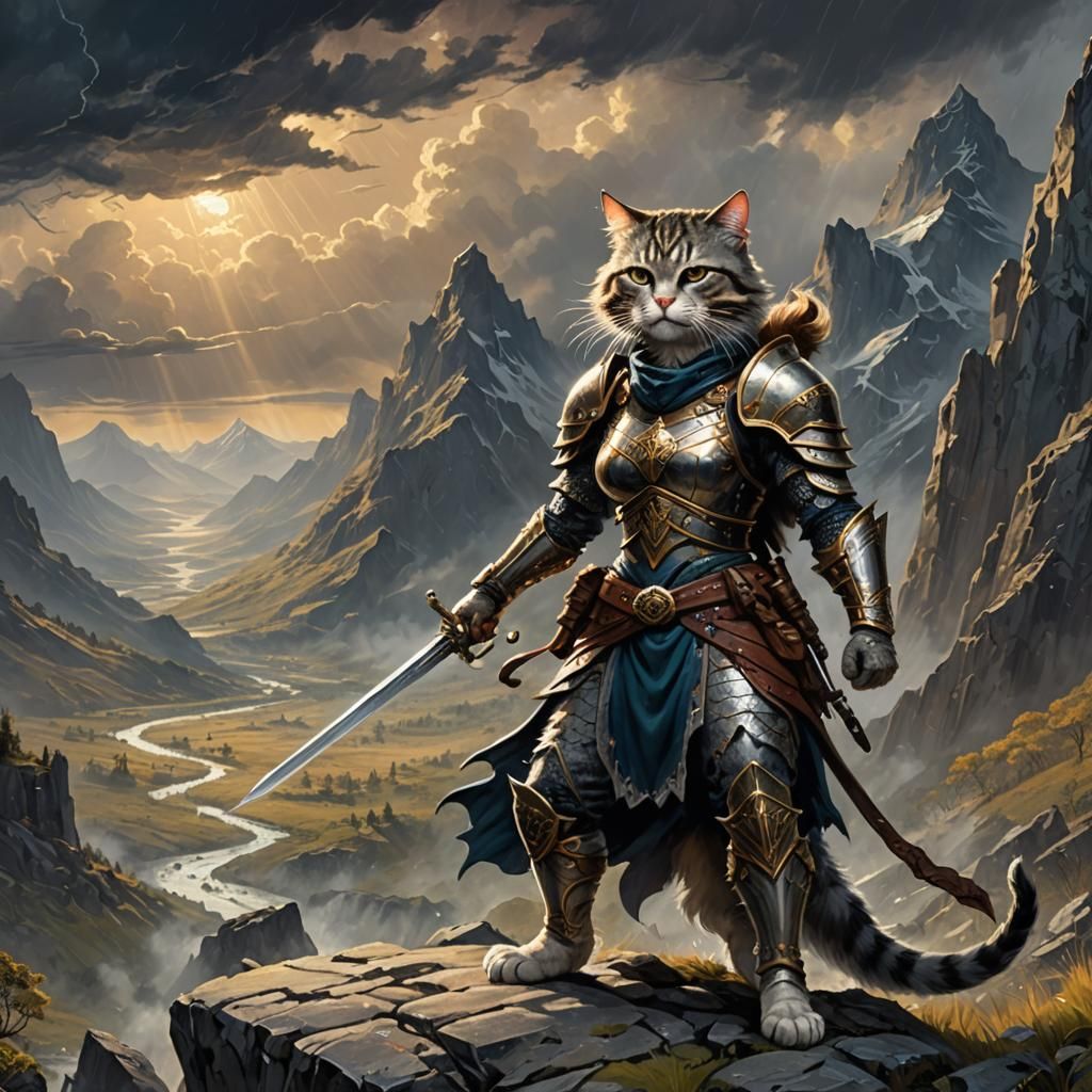 Anthropomorphic Cat Warrior in Stormy Landscape