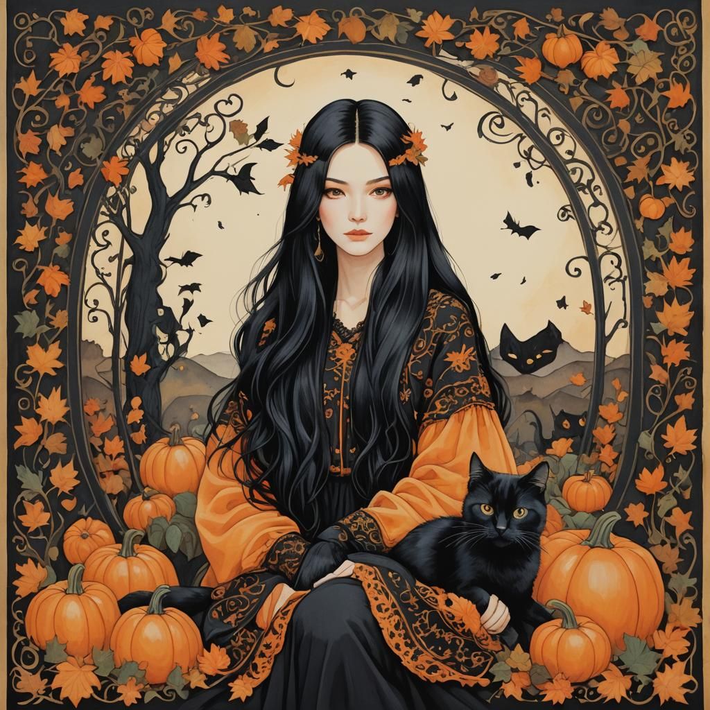 Woman with Black Cat and Pumpkin Border