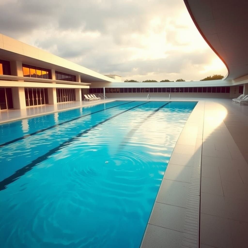 Surreal Olympic Pool Scene in Op Art Style