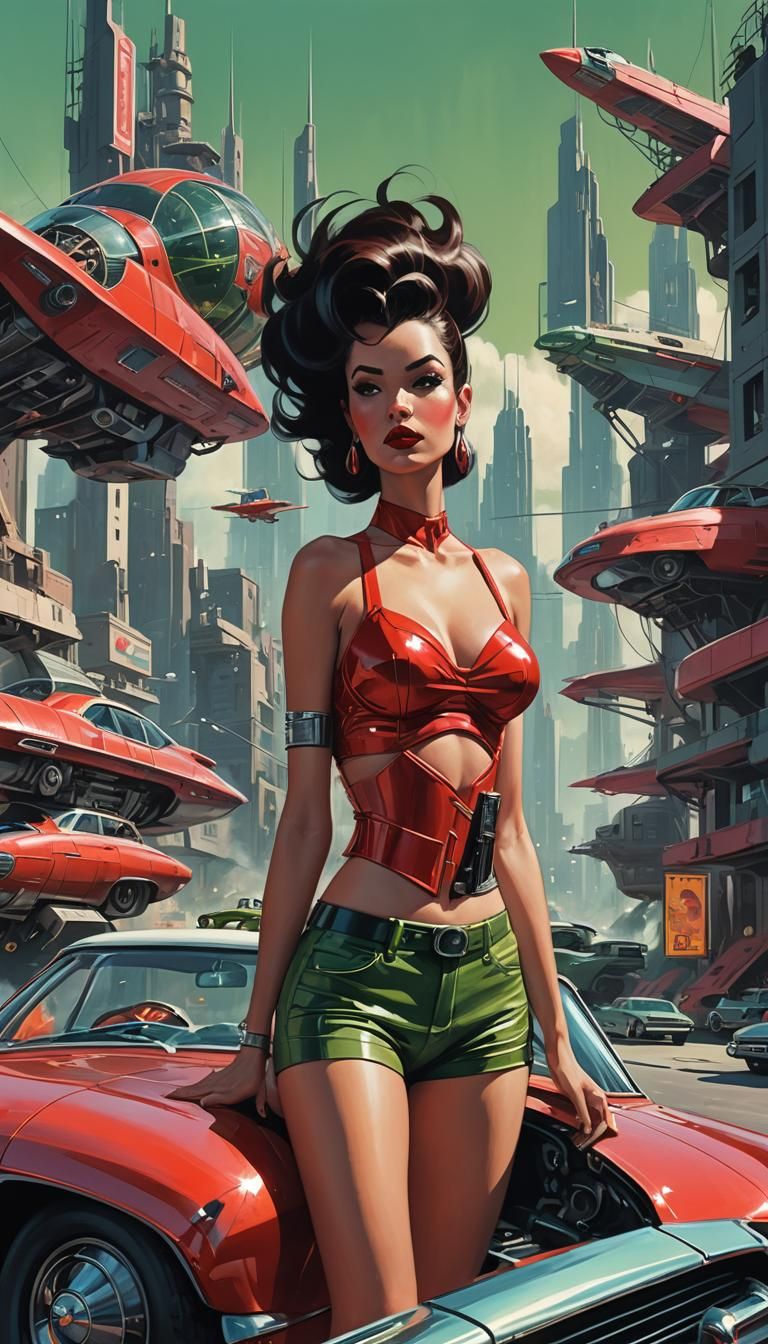 Retrofuturistic Pinup Girl on Hotrod Spaceship