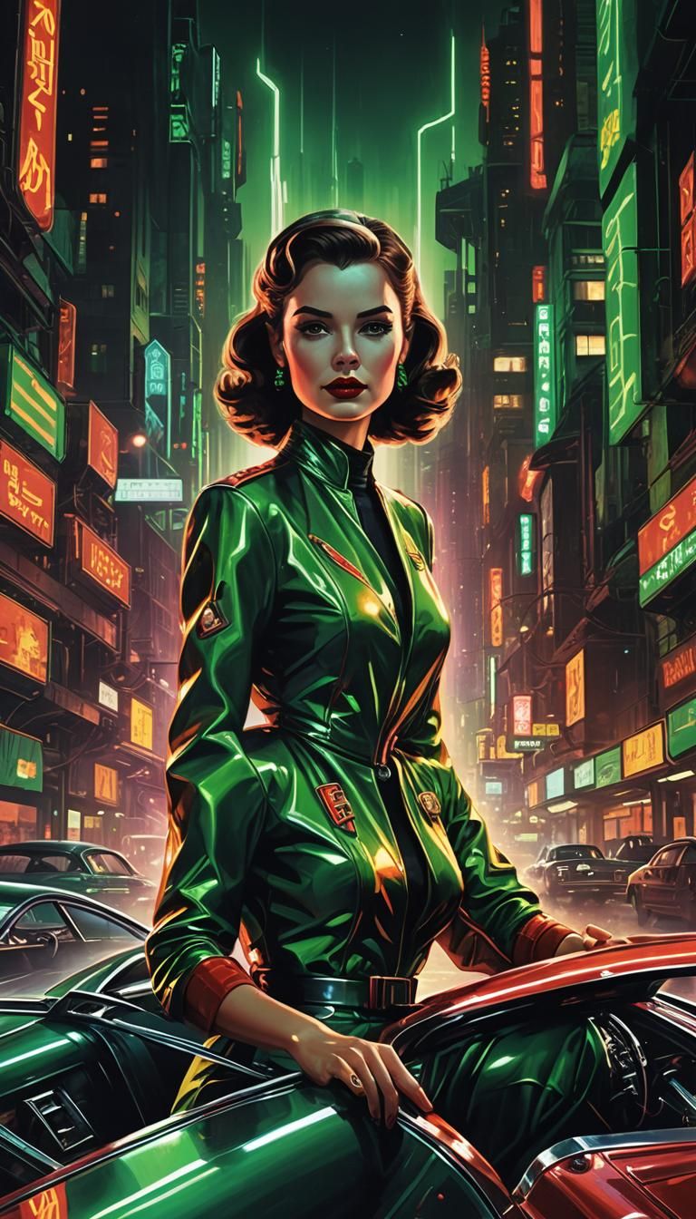 Retrofuturistic Movie Poster: Woman on Hotrod Spaceship