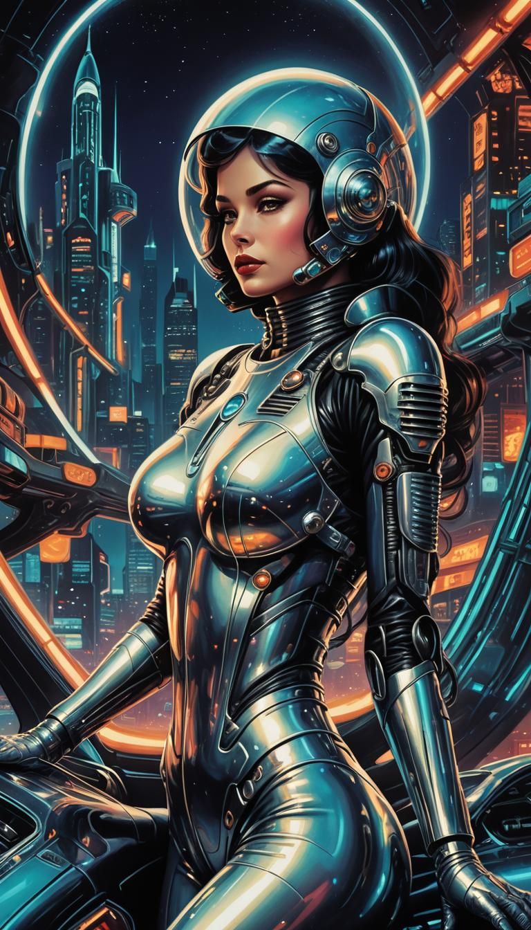 Retrofuturistic Film Noir Poster of Woman on Spaceship