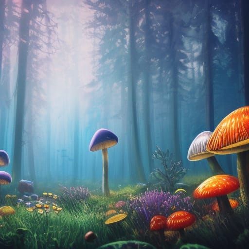 Vibrant Mushrooms Shine in the Rainy Night