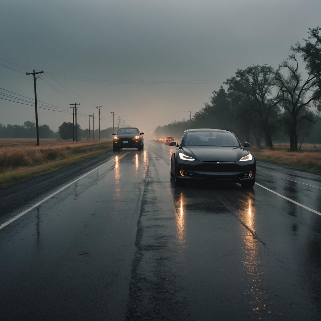 Black Tesla and Android on Deserted Road: Cinematic Still