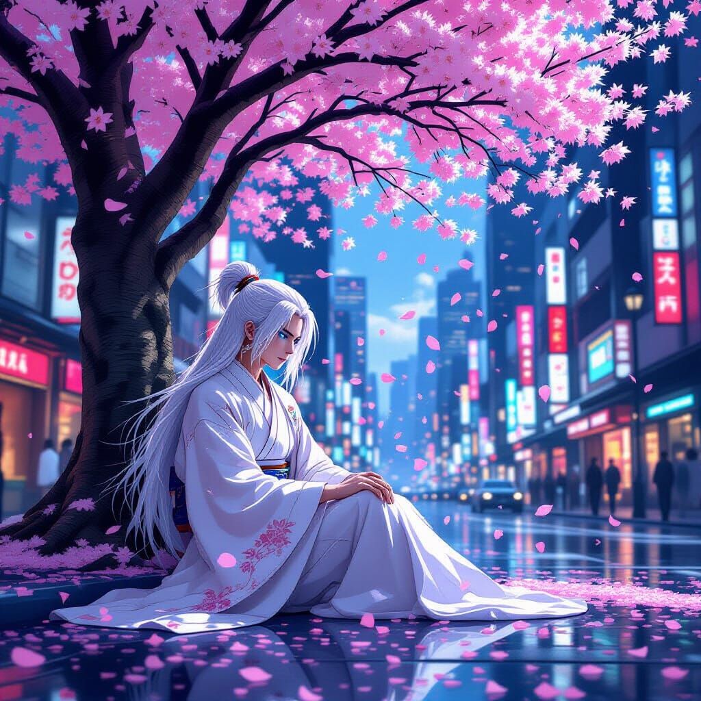 Samurai in Futuristic Tokyo with Cherry Blossoms