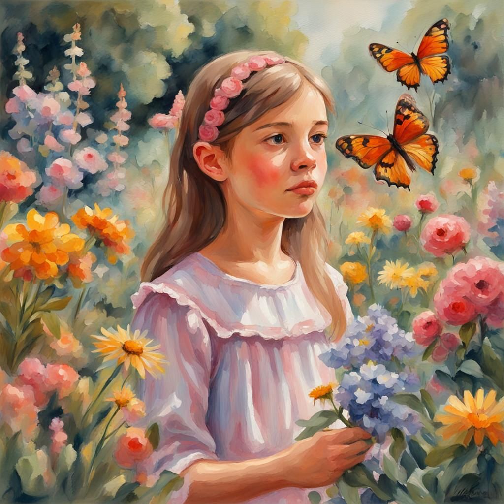 Girl with Butterflies in Impressionist Garden