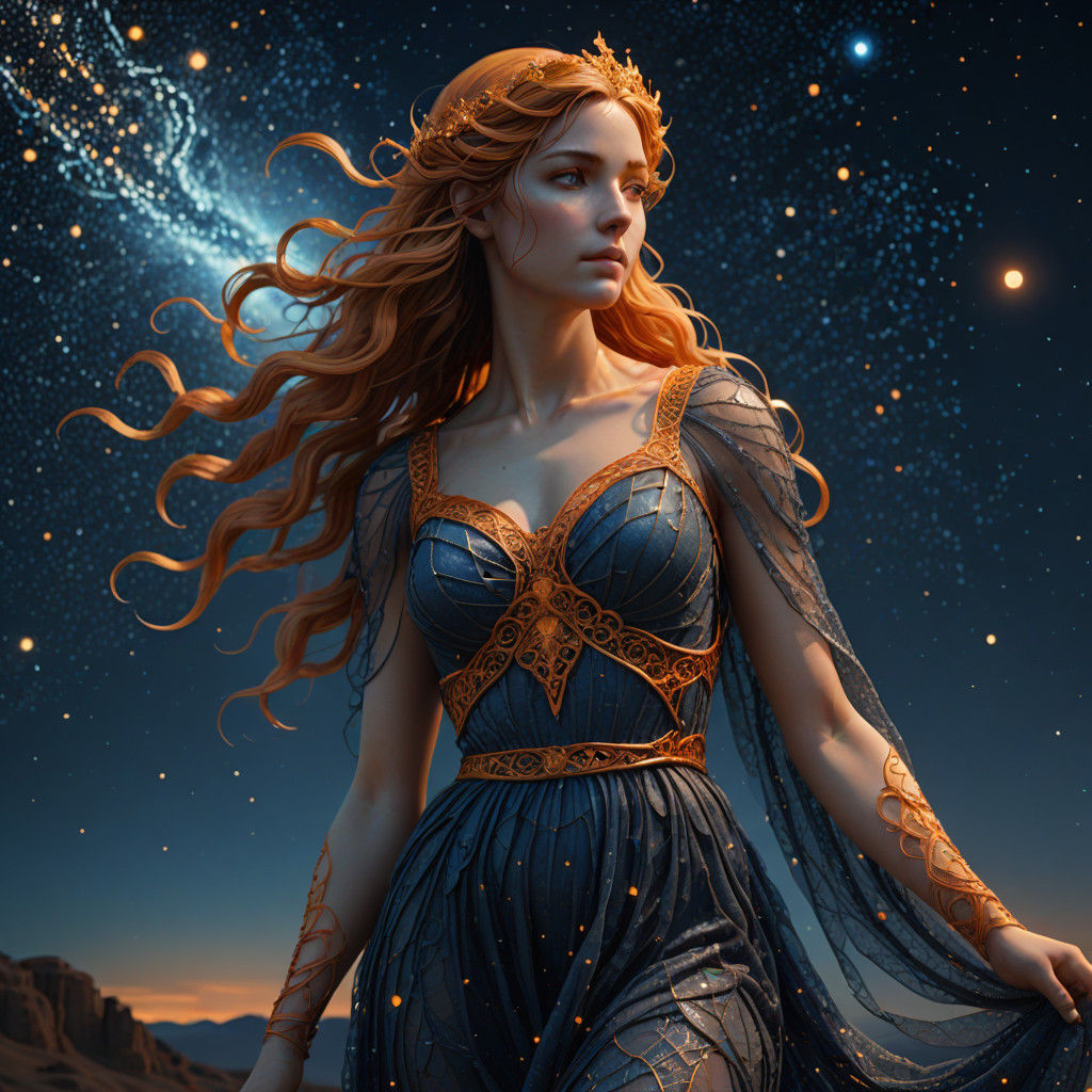 Aphrodite Stands Among Stars in Golden Radiance