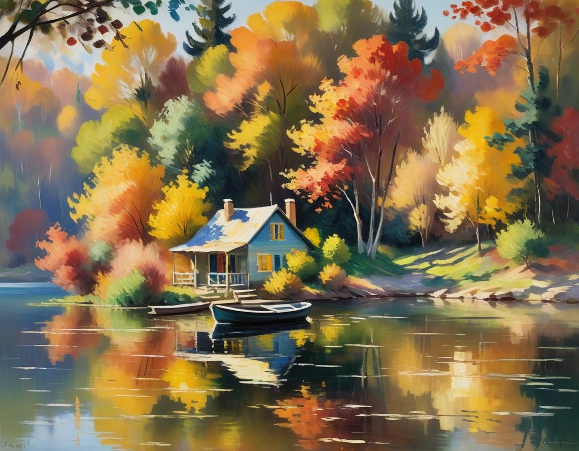 Impressionist Lake House in Autumn Colors