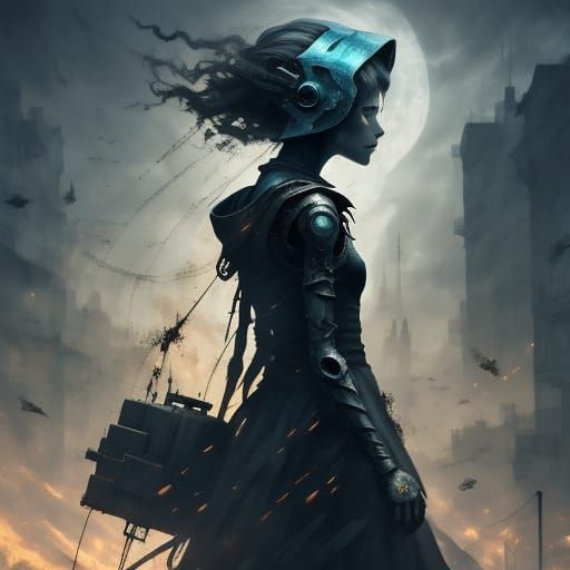 Spooky Rusty Robot with Blue Circuits in Industrial Style