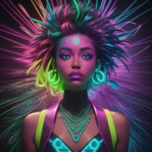 Neon Synthwave Portrait of Woman with Peacock Feathers
