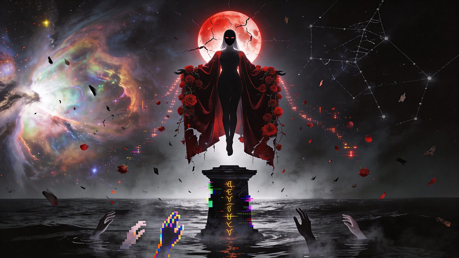 Priestess Above Black Ocean Under Blood Moon