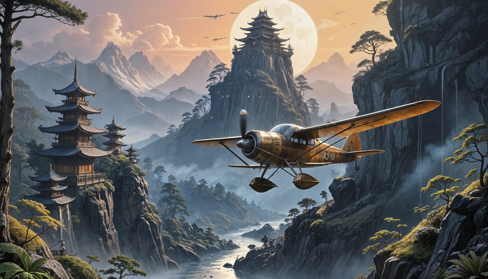 Plane Soaring Over Misty Mountain Landscape