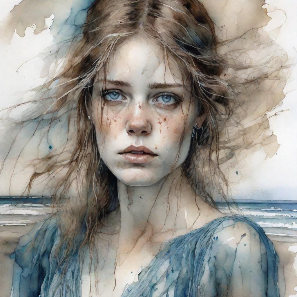 Monochrome Portrait of Sad Woman on Stormy Beach