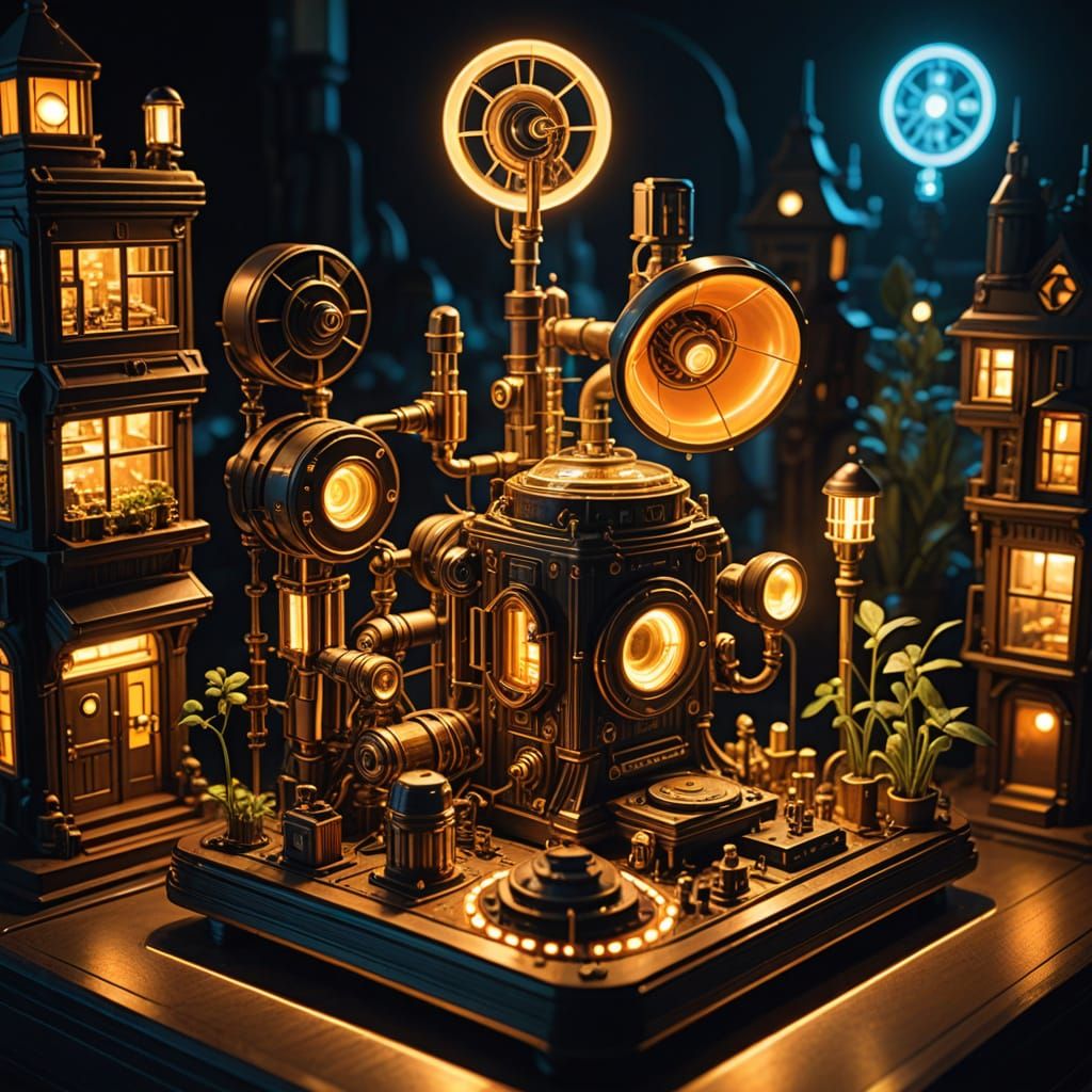 A micro-city thrives inside a vintage gramophone, with tiny houses (vacuum tubes) and gardens (etched circuits). Tiny ar...