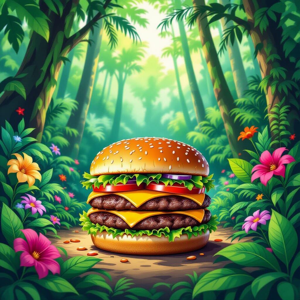 Surreal Burger in Lush Rainforest, Pop Art Style