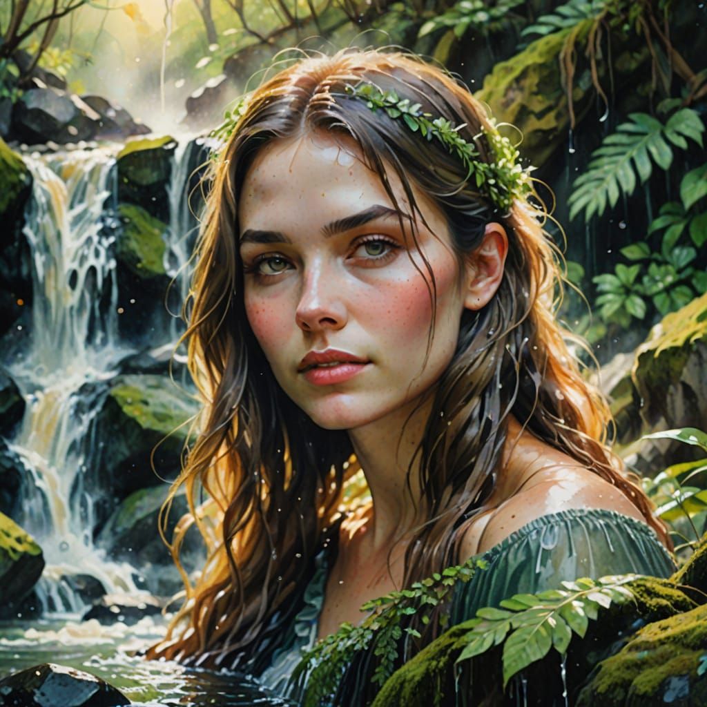 Whimsical Watercolor Portrait of Woman in Waterfall