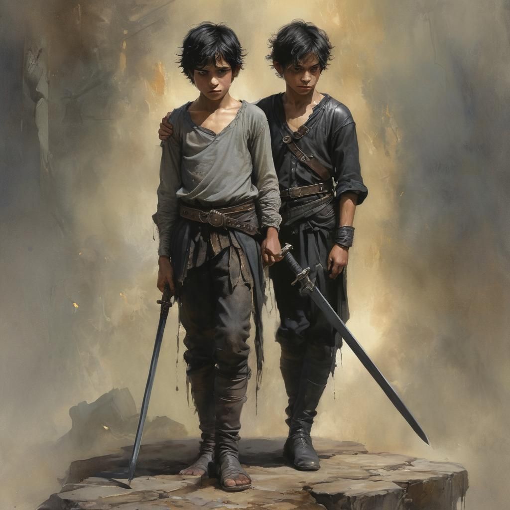 Medieval Child with Sword in Watercolor Style