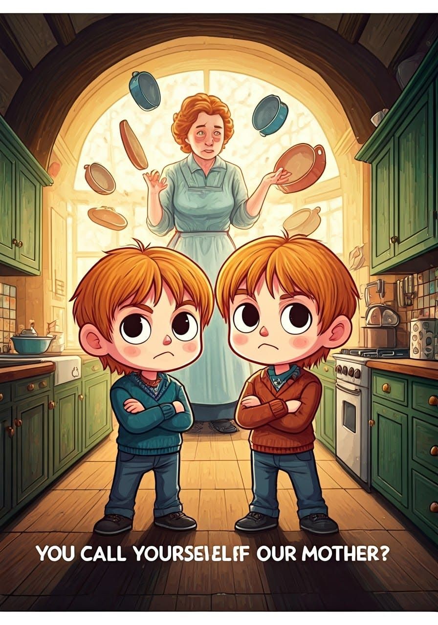 Chibi Weasley Twins Mocking Mother, Whimsical Illustration