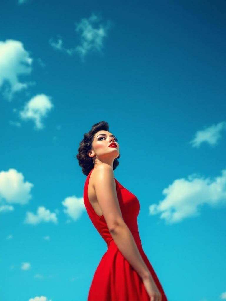 1950s Pin-Up Woman in Red Dress with Polarized Effect