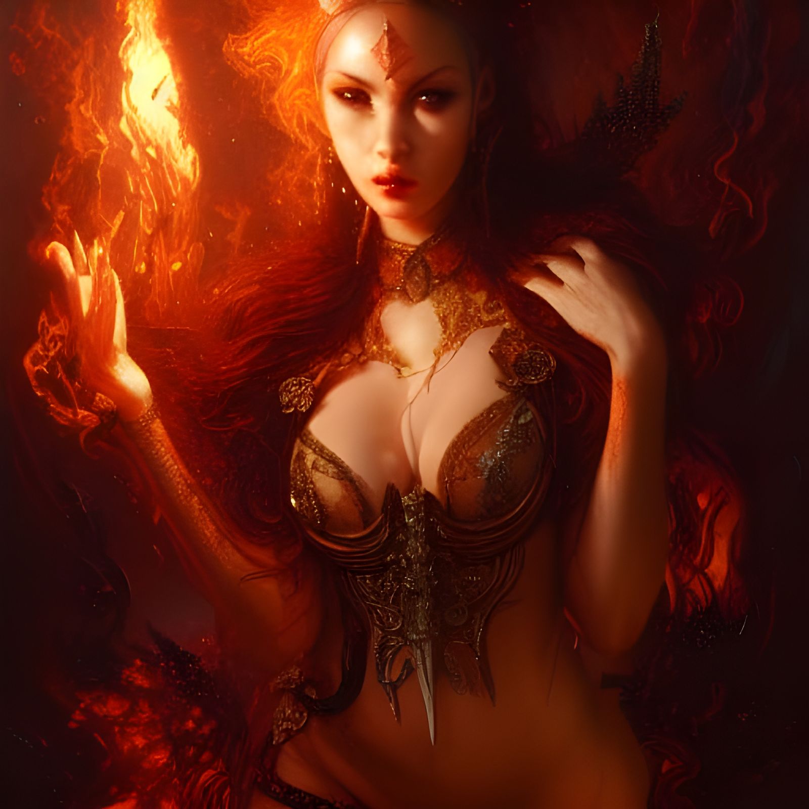 Sorceress Amidst Fire and Flames in Cyberpunk Style