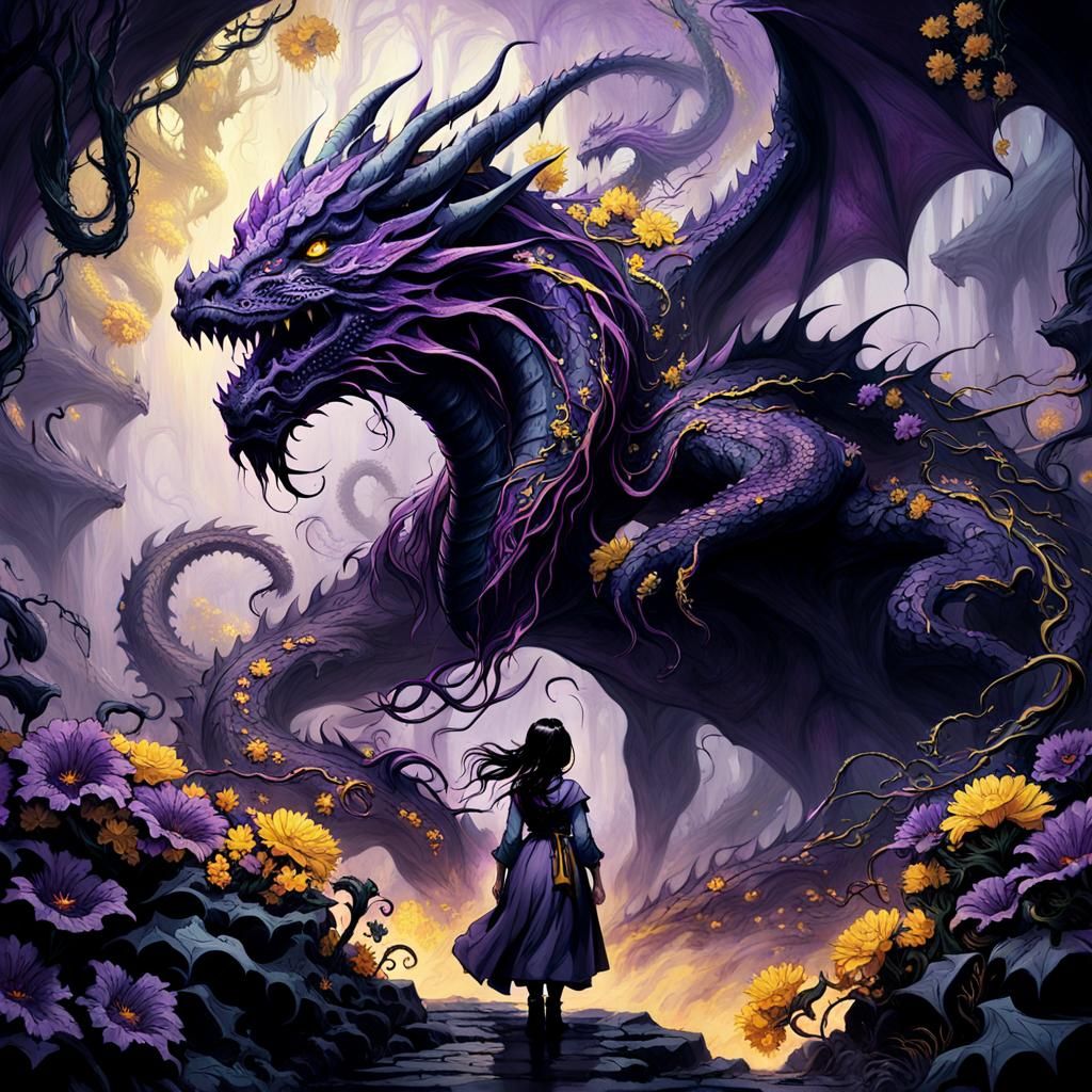 Dragon Protects Girl: Dark Fantasy Art