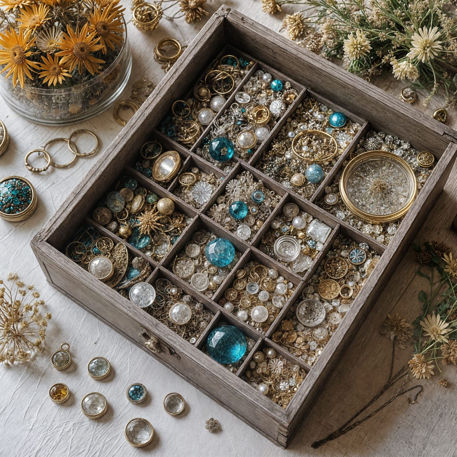 Vintage Jewelry and Flowers in Elegant Glass Display