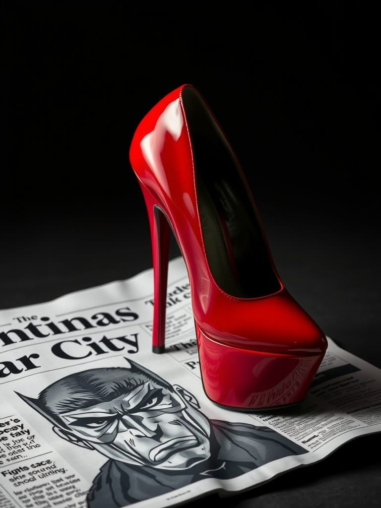 A striking high-heeled shoe, characterized by its pvc sleek, blood-red exterior, stands prominently on a newspaper. The ...