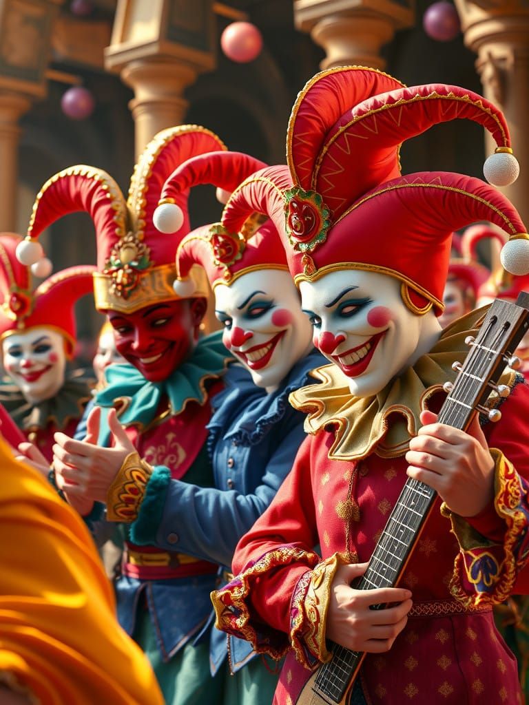 Vibrant Court Jesters in a Lively Medieval Setting