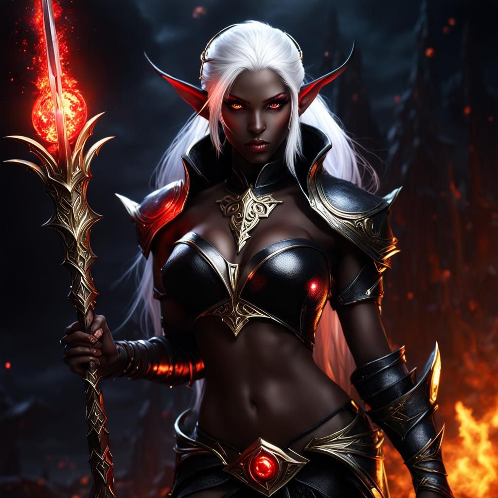 Beautiful Dark Elf Mage in a Dramatic Fantasy Scene