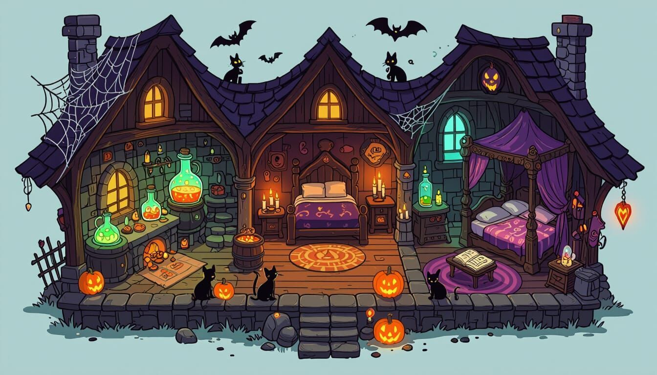 Halloween Witch Hut Floor Plan Map in Fantasy Animation Styl...