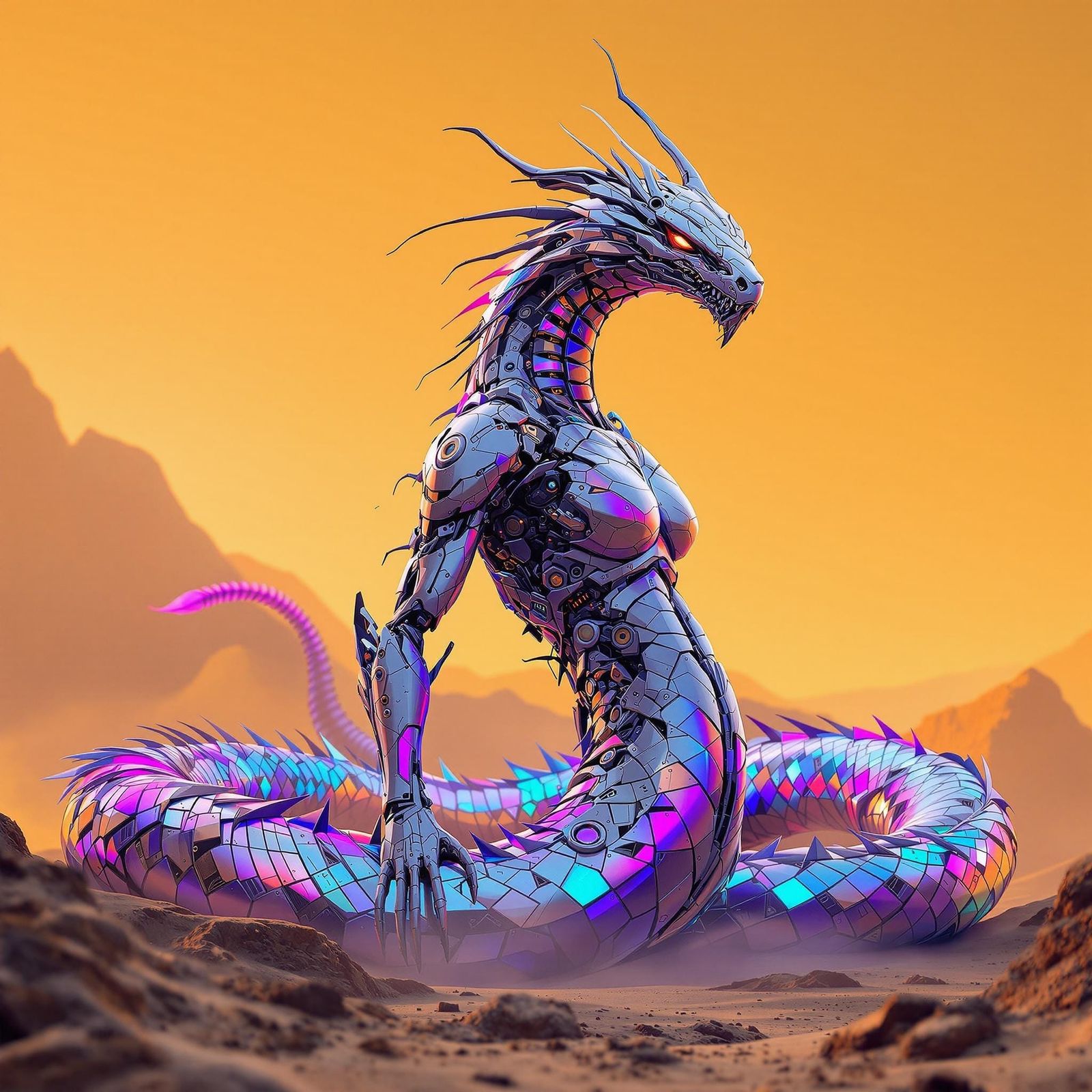 Majestic Robotic Naga Unfurls in Futuristic Landscape