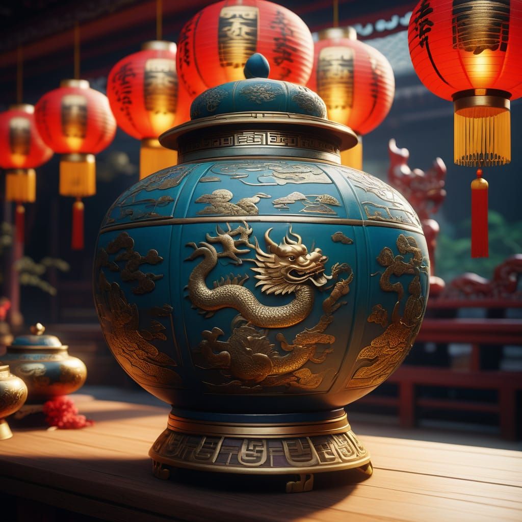 Traditional Chinese Vessel in Vibrant, Golden Splendor