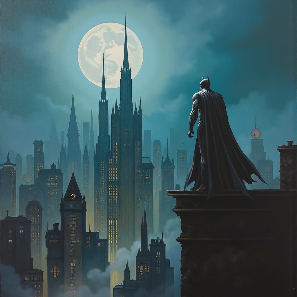 Batman Over Cyberpunk Gotham in Gothic Style