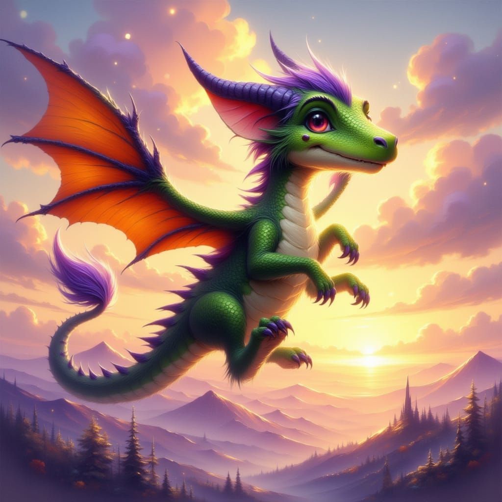 Fluffy Dragon Soars Through Sunset Sky
