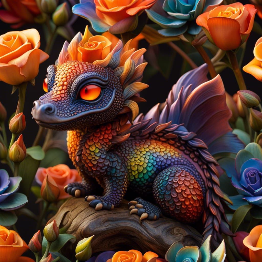 Adorable Baby Dragon in Rose Garden, 3D Render