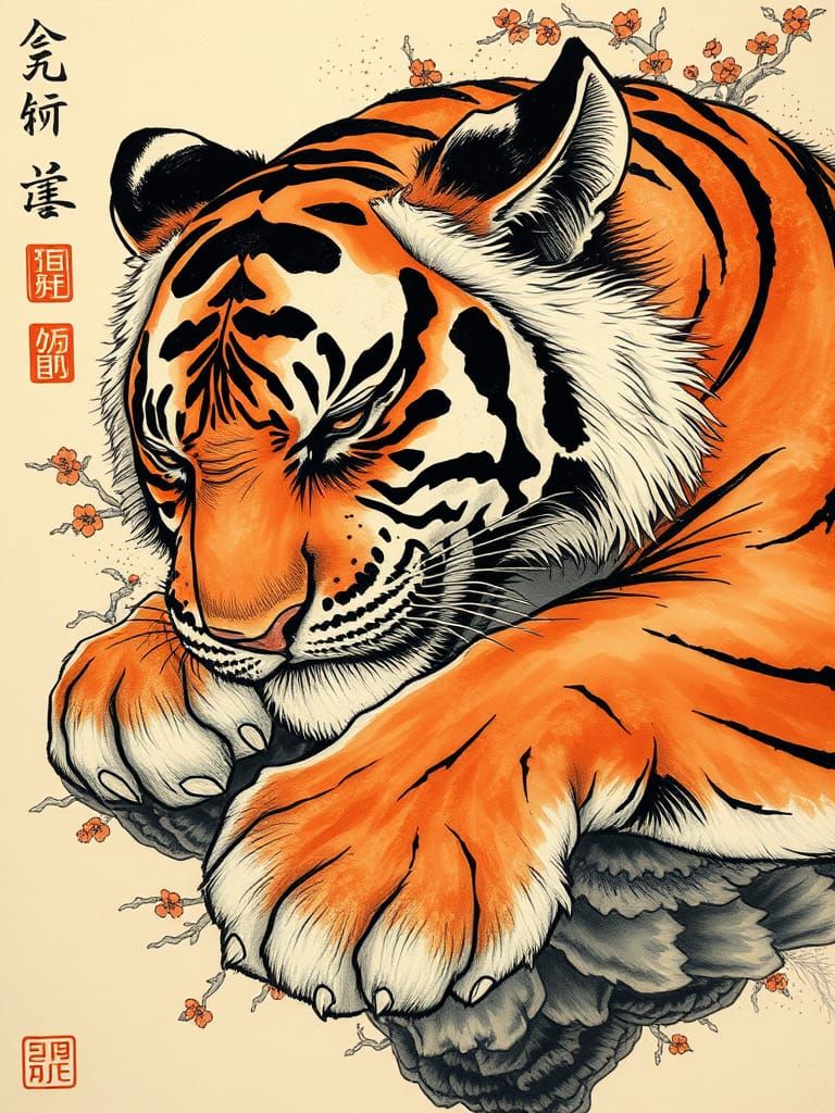 Traditional Japanese Tiger in Slumber