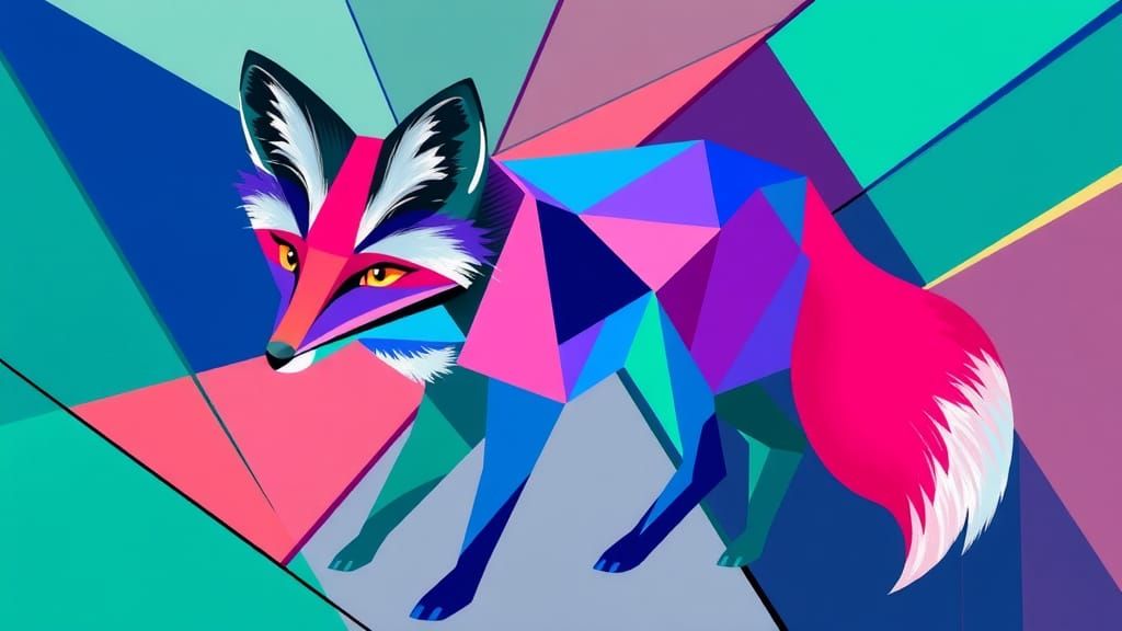 Cute Cubist Fox in Blue, Pink and Green