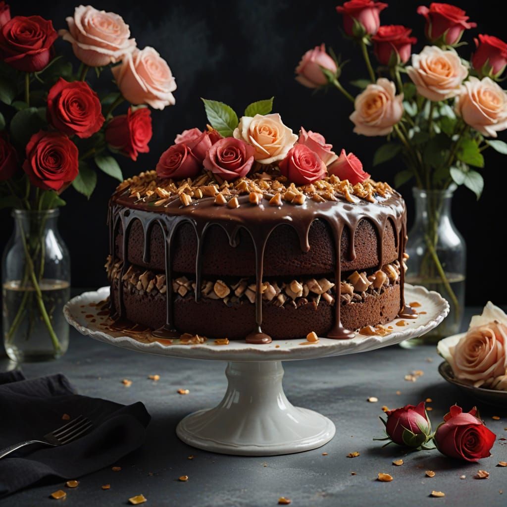 Romantic German Chocolate Cake Close-up in Warm, Golden Ligh...