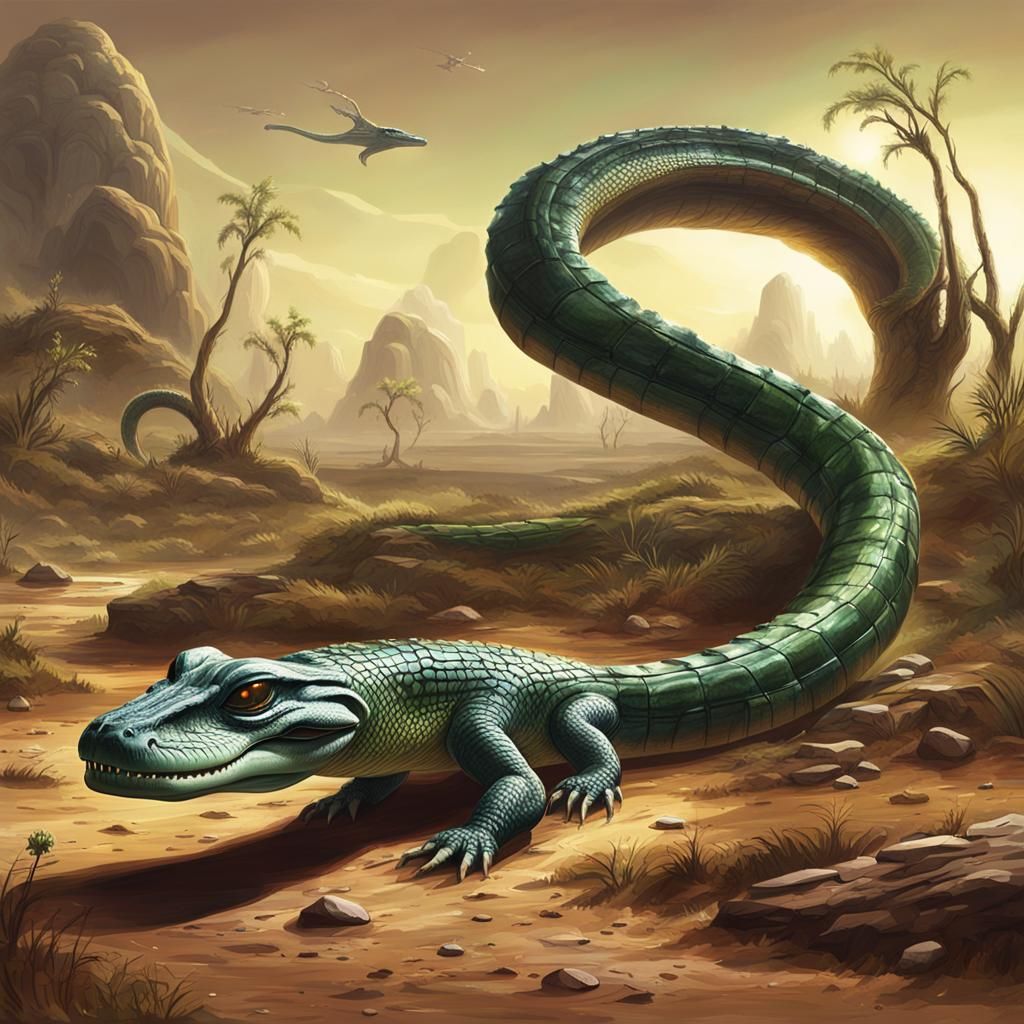Exoplanet with Anaconda-Alligator Alien Lifeforms