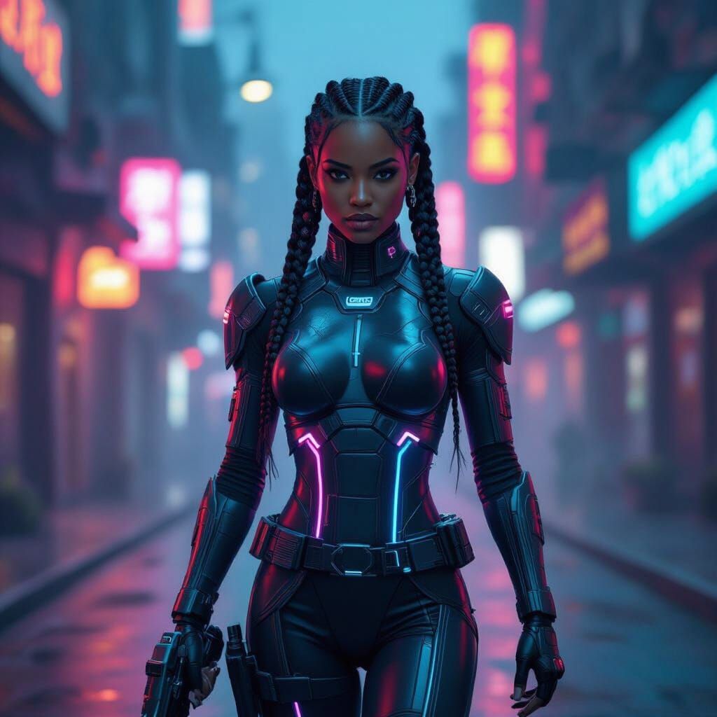 Futuristic Woman in Neon Suit on Venus with Laser Pistol