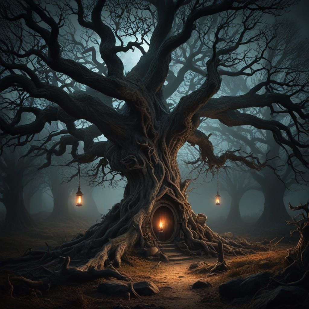 Mysterious Hobbit in Dark, Moonlit Shire Landscape