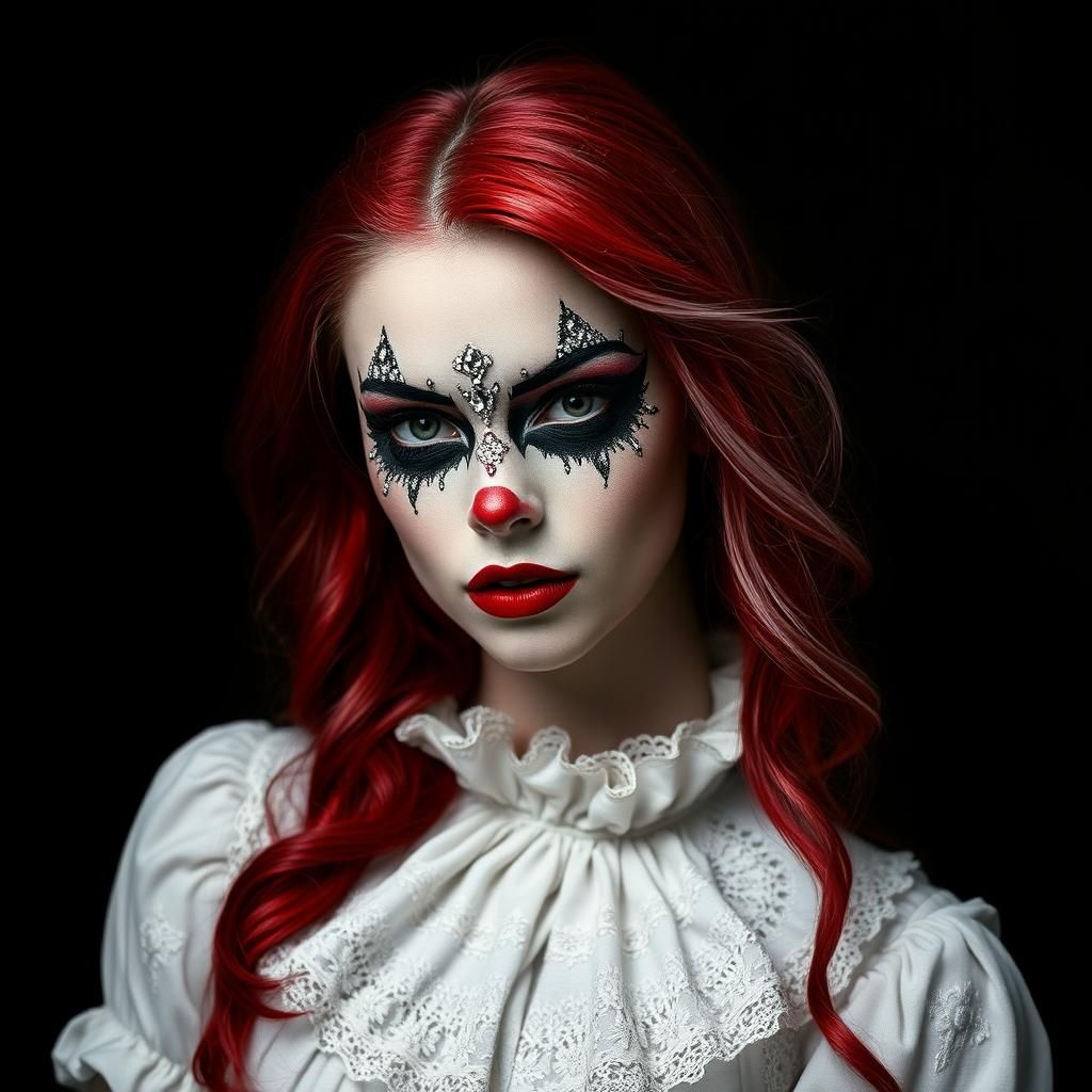 Woman in Baroque Clown Makeup, Rembrandt Lighting