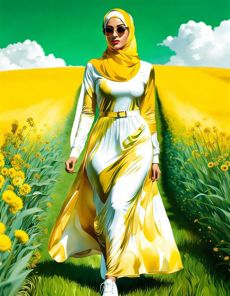 Athletic Woman in Hijab Walking Through Green Field as Pop A...
