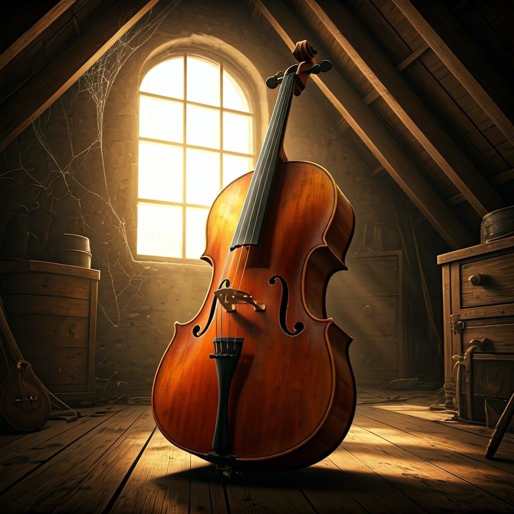 Dusty Cello in Attic: Hyperrealistic Splash Art