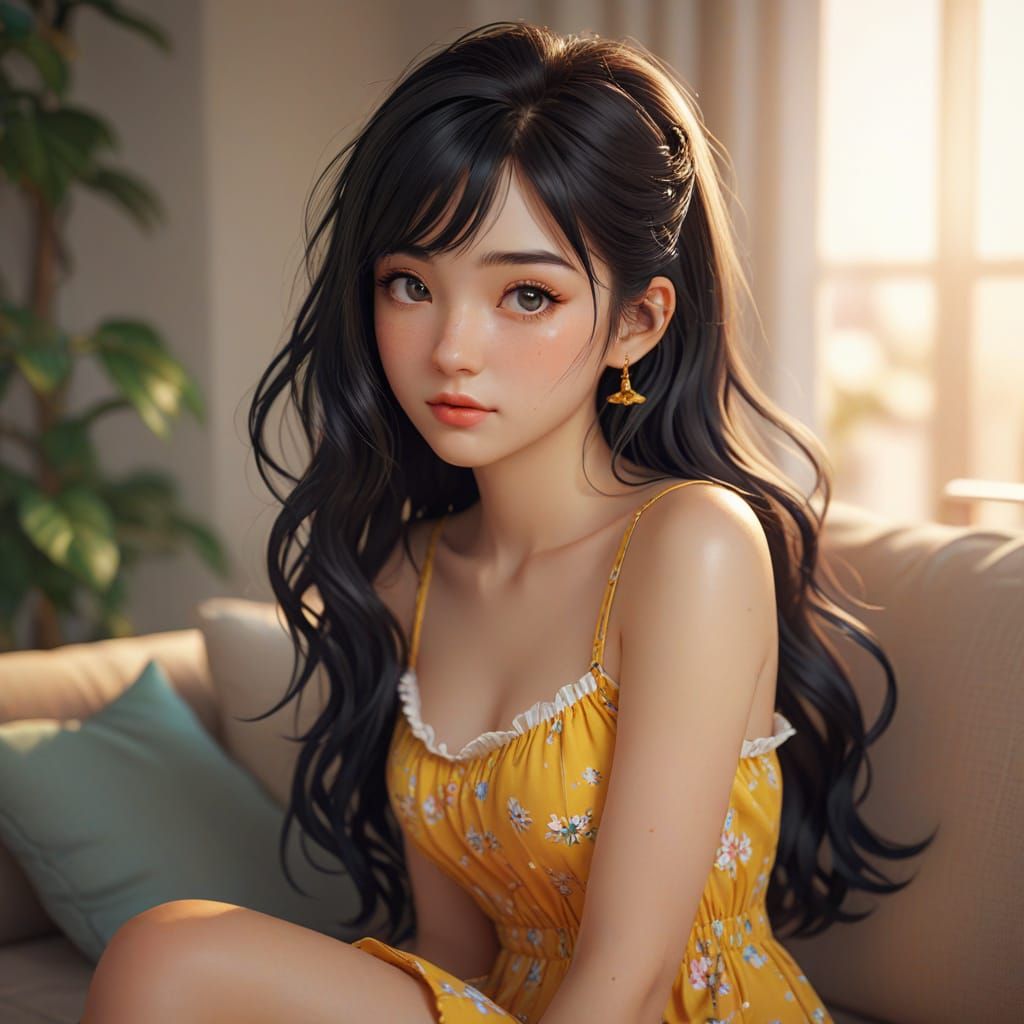 Anime-Inspired Portrait of a Woman on a Couch