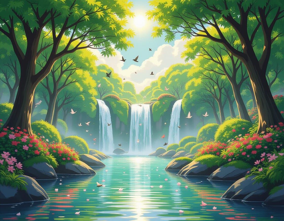 Ethereal Paradise Garden with Floating Waterfalls