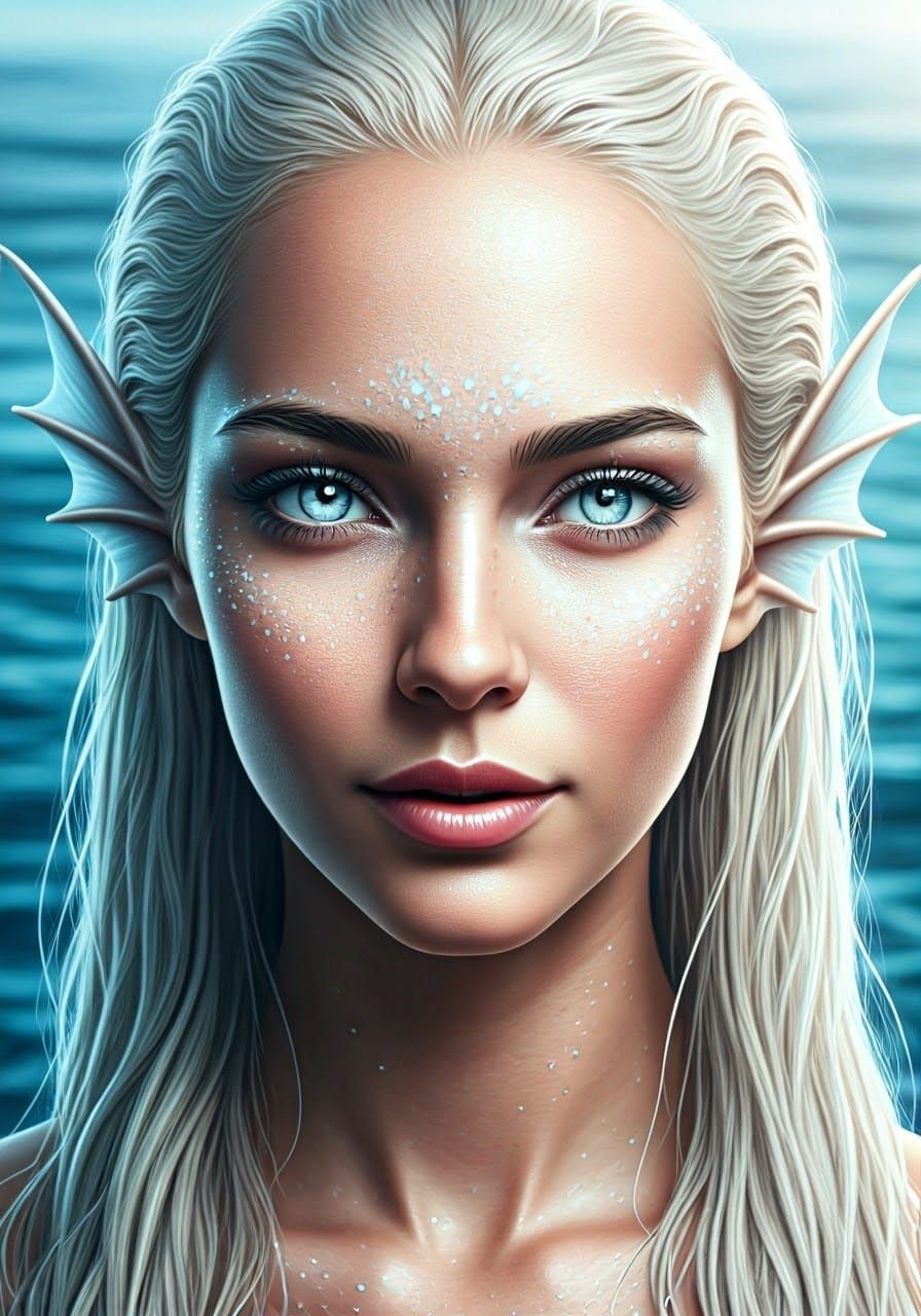 Smiling Silver-White Mermaid Portrait in Photorealistic Styl...