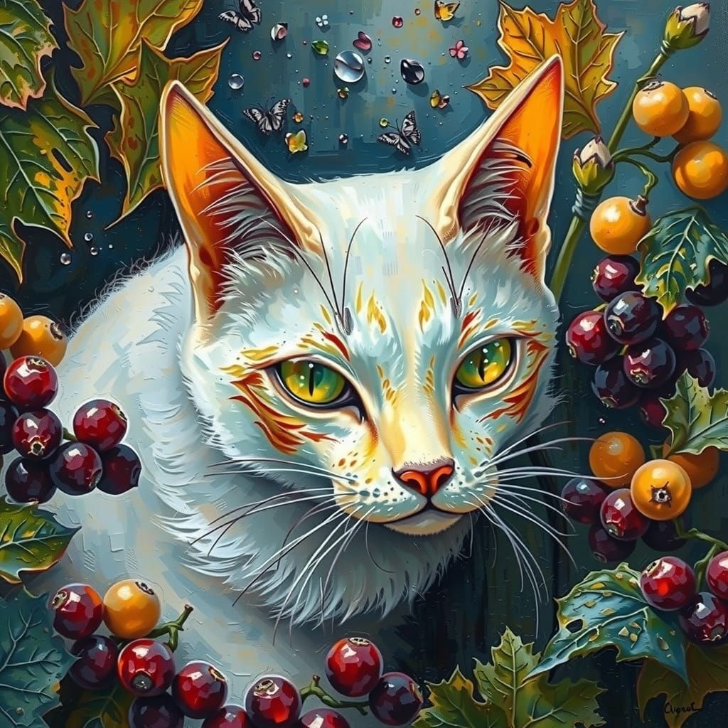 Fruit Cat in Vibrant Garden, Neo-Impressionist Style