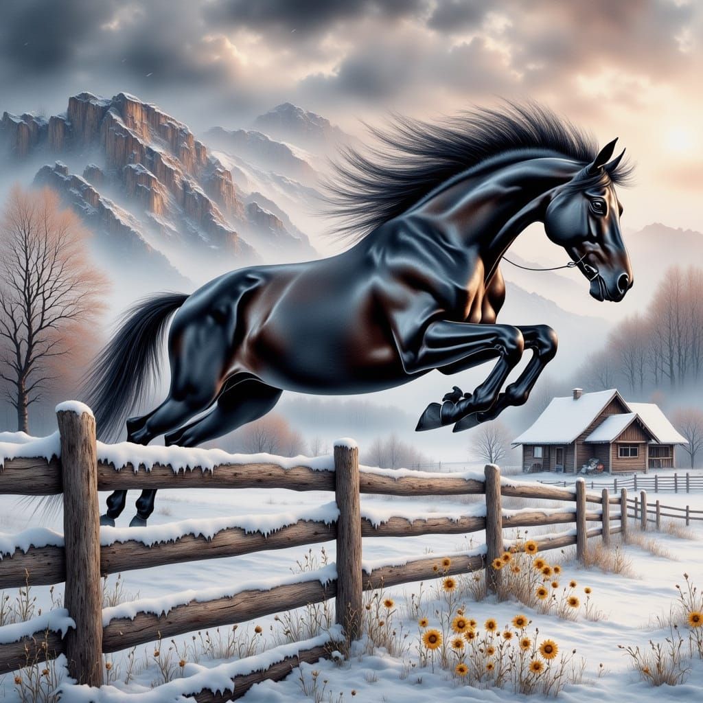Elegant Black Horse Leaps Over a Wooden Fence in a Foggy Win...